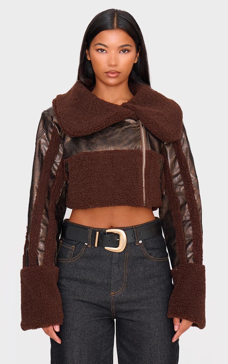 Chocolate Borg Trim Textured Look Faux Leather Aviator Jacket Product Image