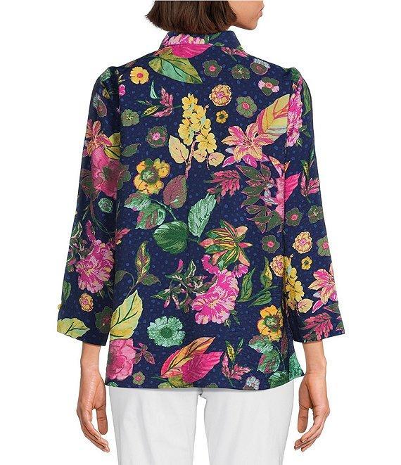 Ali Miles Tropical Printed Crinkle Point Collar 3/4 Sleeve Button Front Tunic Product Image