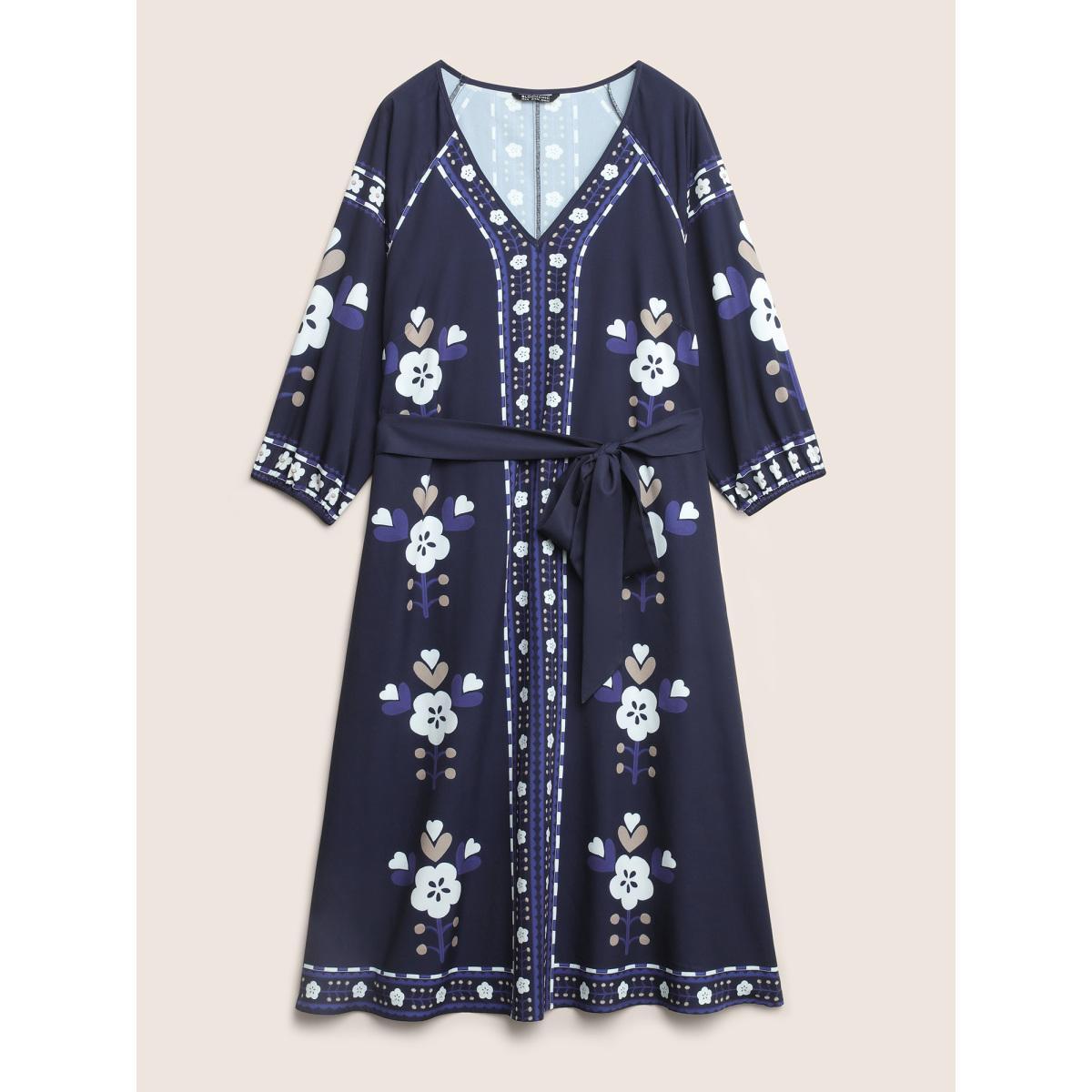 Plus Size Boho Print Belted Pocket Split Side Dress DarkBlue Women Resort Belted V-neck Elbow-length sleeve Curvy Midi Dress BloomChic 10/M Product Image