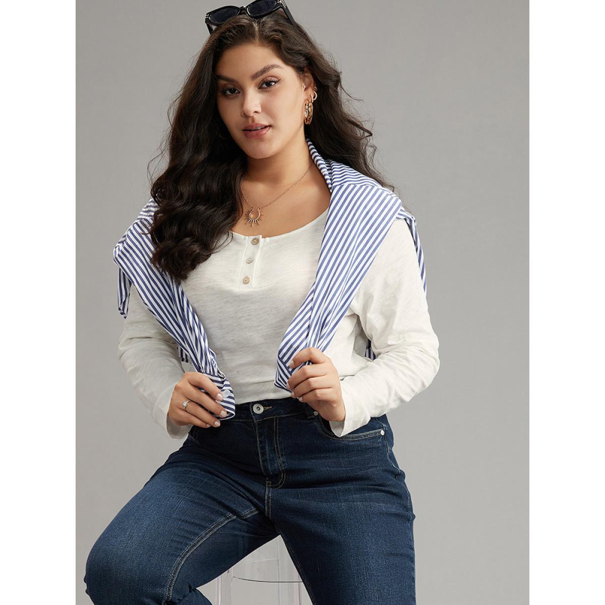 Plus Size Cotton Solid Button Up Crew Neck T-shirt White Women Casual Plain Plain Open Front Dailywear T-shirts BloomChic 14-16/1X Product Image