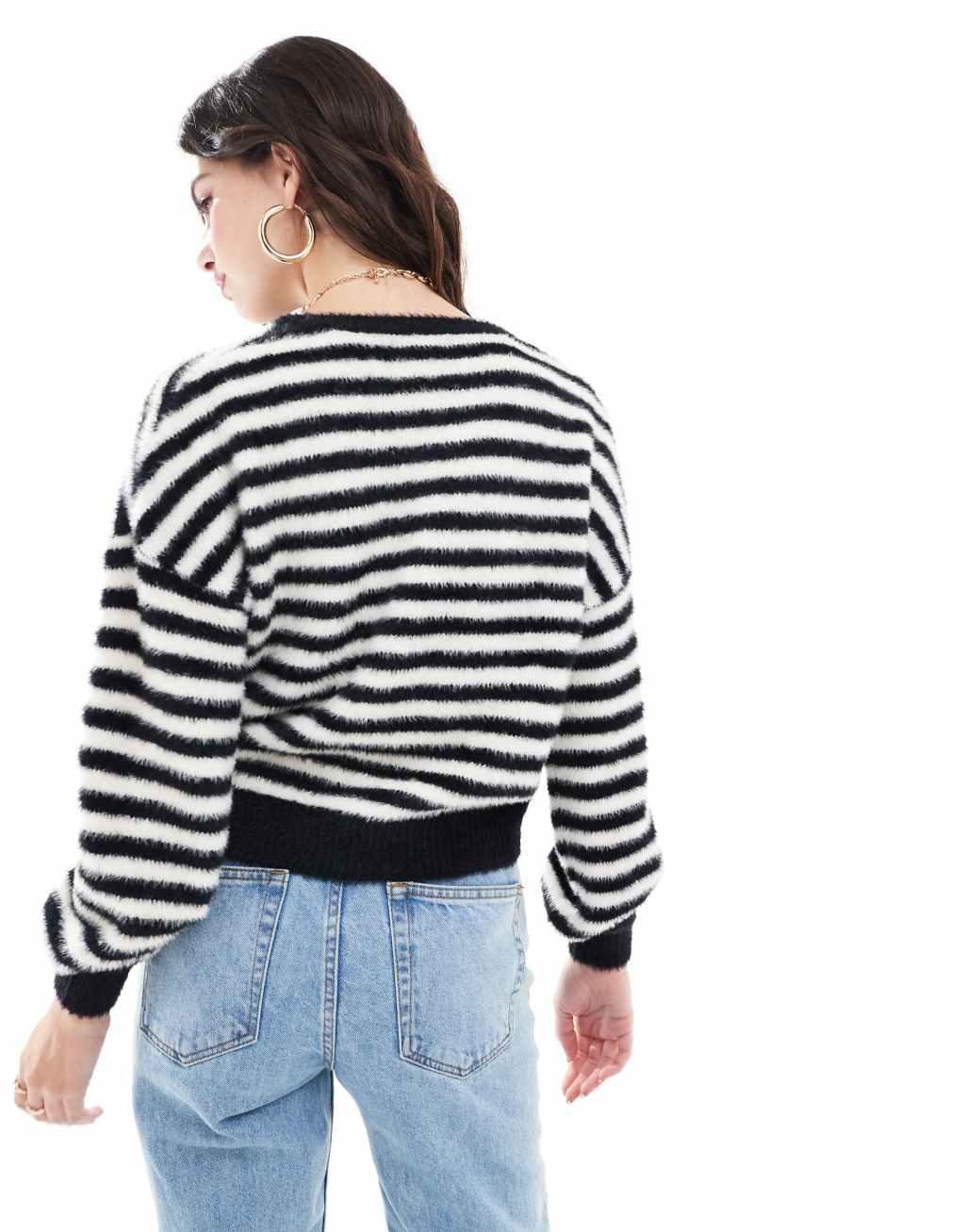 ONLY fluffy detail stripe sweater in black & white Product Image