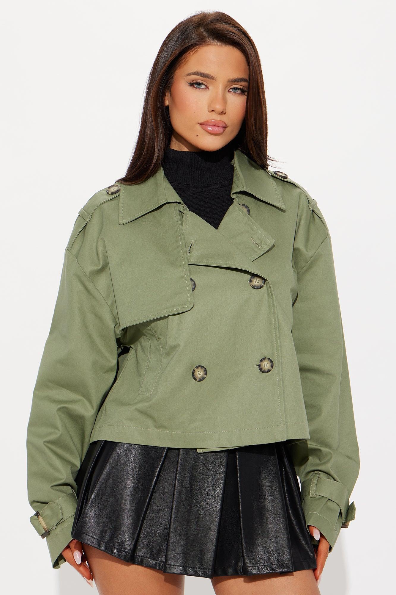 Windy City Cropped Trench Coat - Olive Product Image