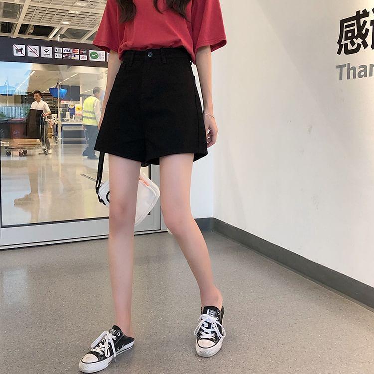 High Waist Plain Denim Mini Shorts Product Image