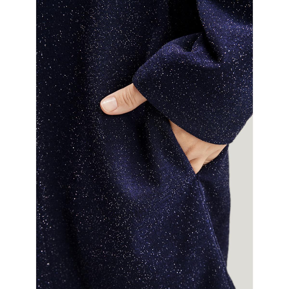 Plus Size Solid Sequin Open Front Blazer DarkBlue Women Going out Plain Pocket Sleeve Long Sleeve Suit Collar 28/5X Pocket Party Blazers BloomChic Product Image