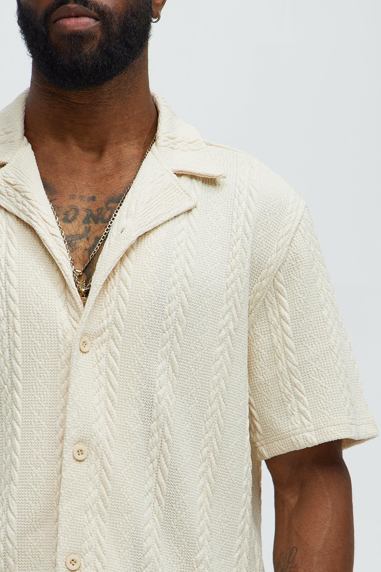Textured Stripes Cuban Short Sleeve Button Up Shirt - Cream Product Image