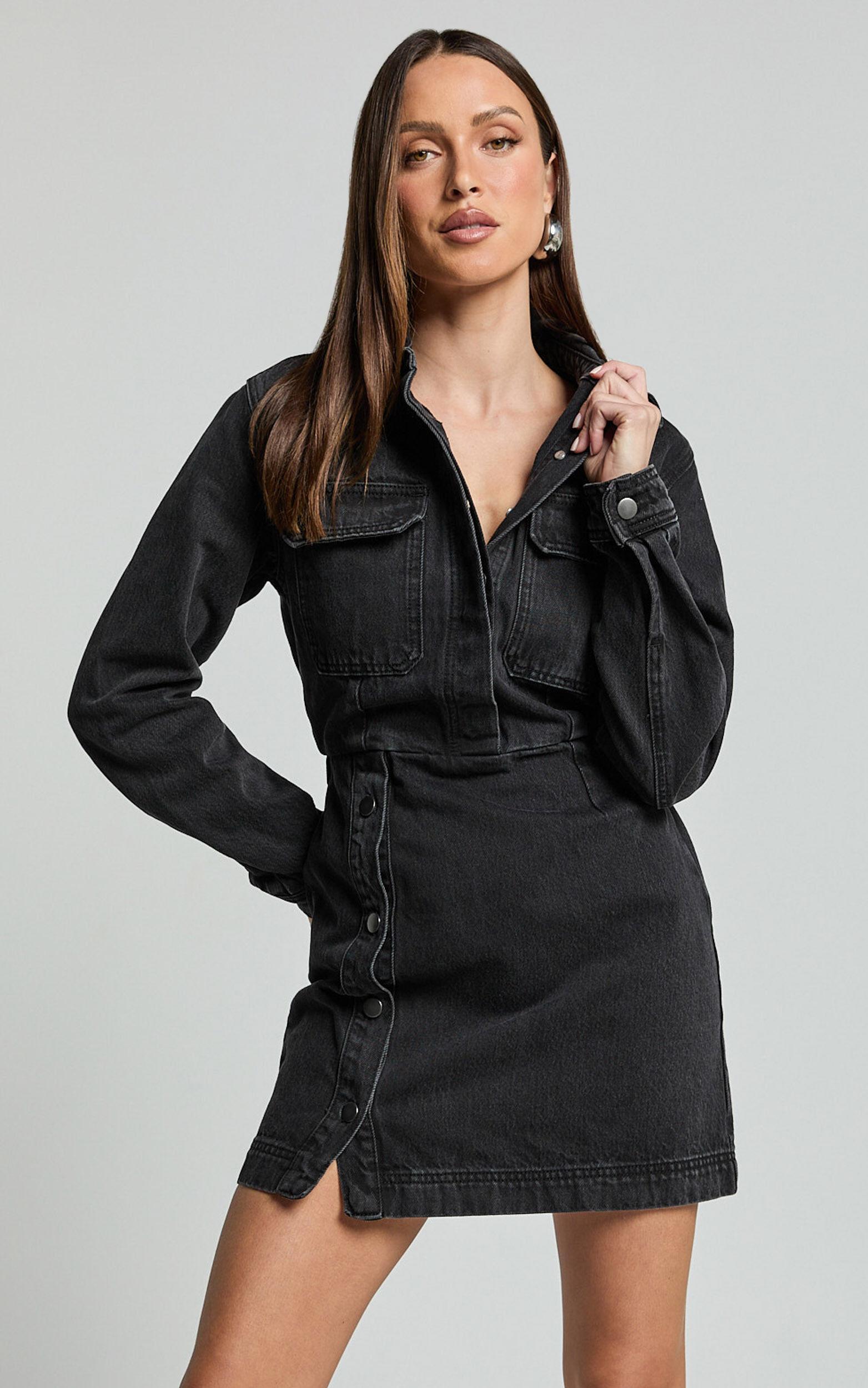 Ainsley Mini Dress - Button Through Long Sleeve Denim Dress in Washed Black Product Image