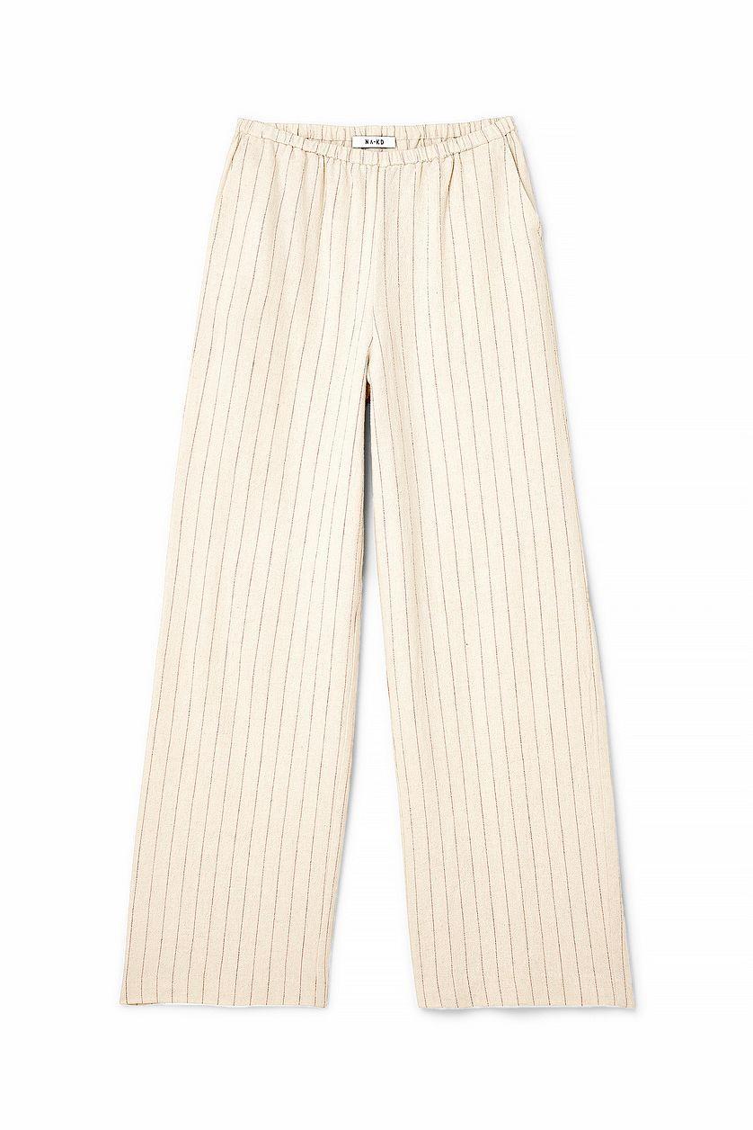 Elastic Mid Waist Linen Blend Pants Beige Product Image
