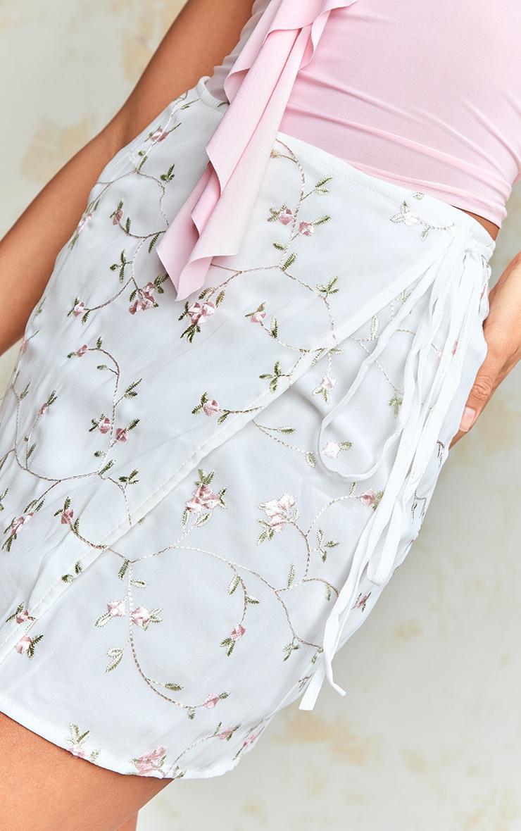 White Flower Embroidered Chiffon Wrap Mini Skirt Product Image