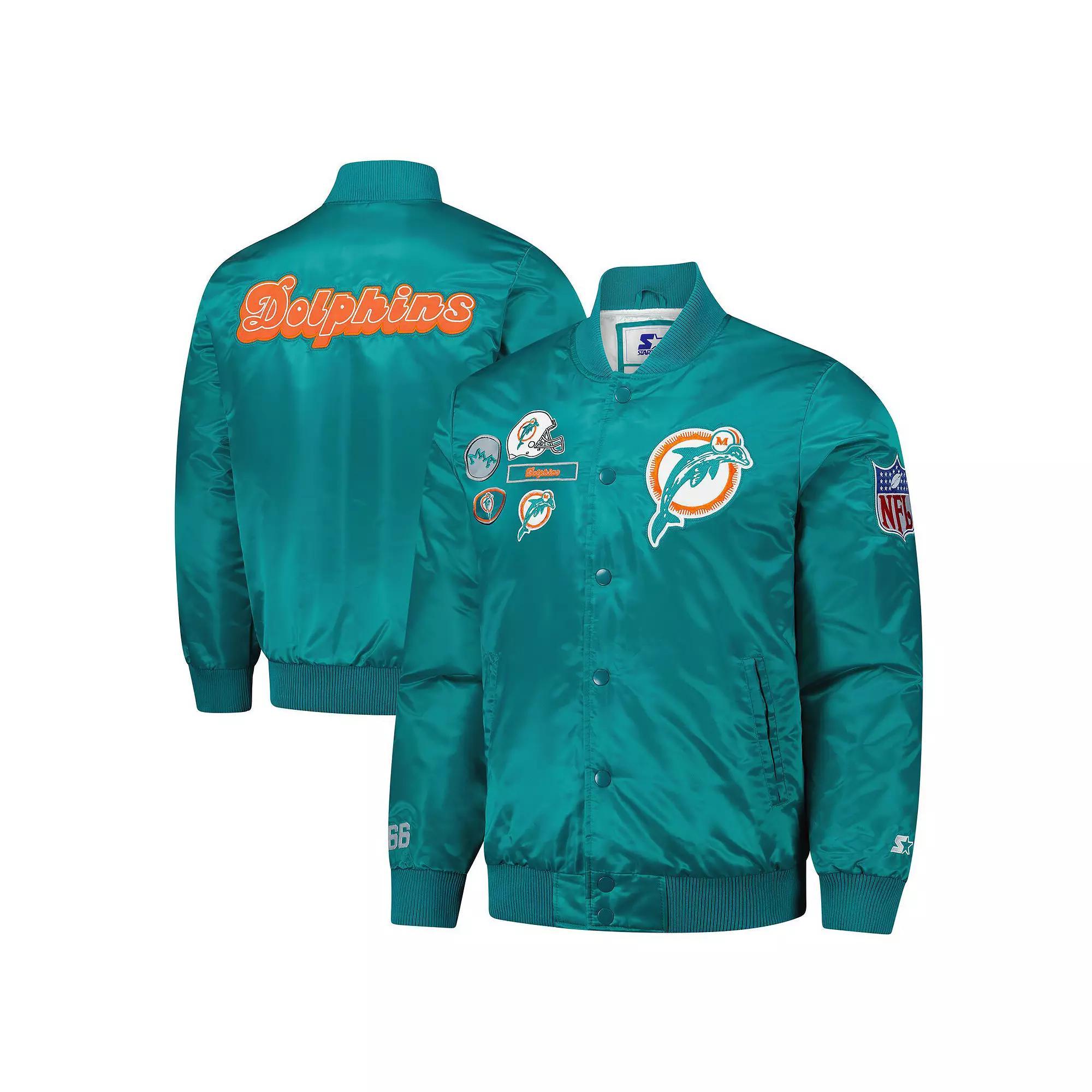 Men's Starter Aqua Miami Dolphins Exclusive Satin Full-Snap Varsity Jacket, Size: XL, Turquoise A Product Image