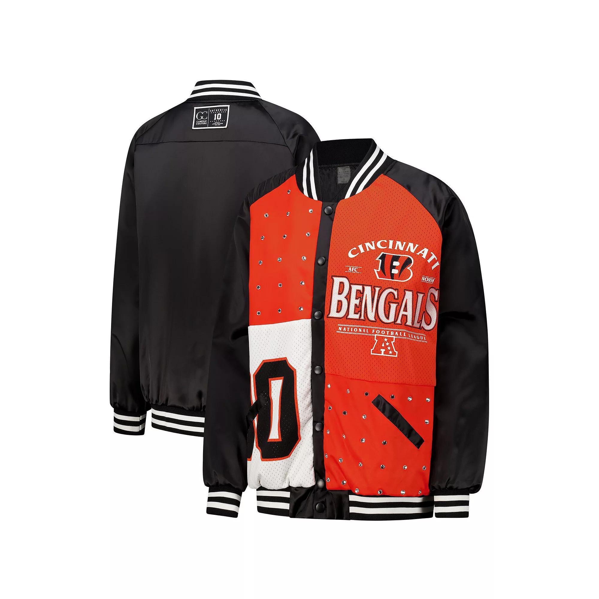 Womens Gameday Couture /Orange Cincinnati Bengals Oversized Hot Shot Rhinestone Throwback Full-Snap Varsity Bomber Jacket Product Image