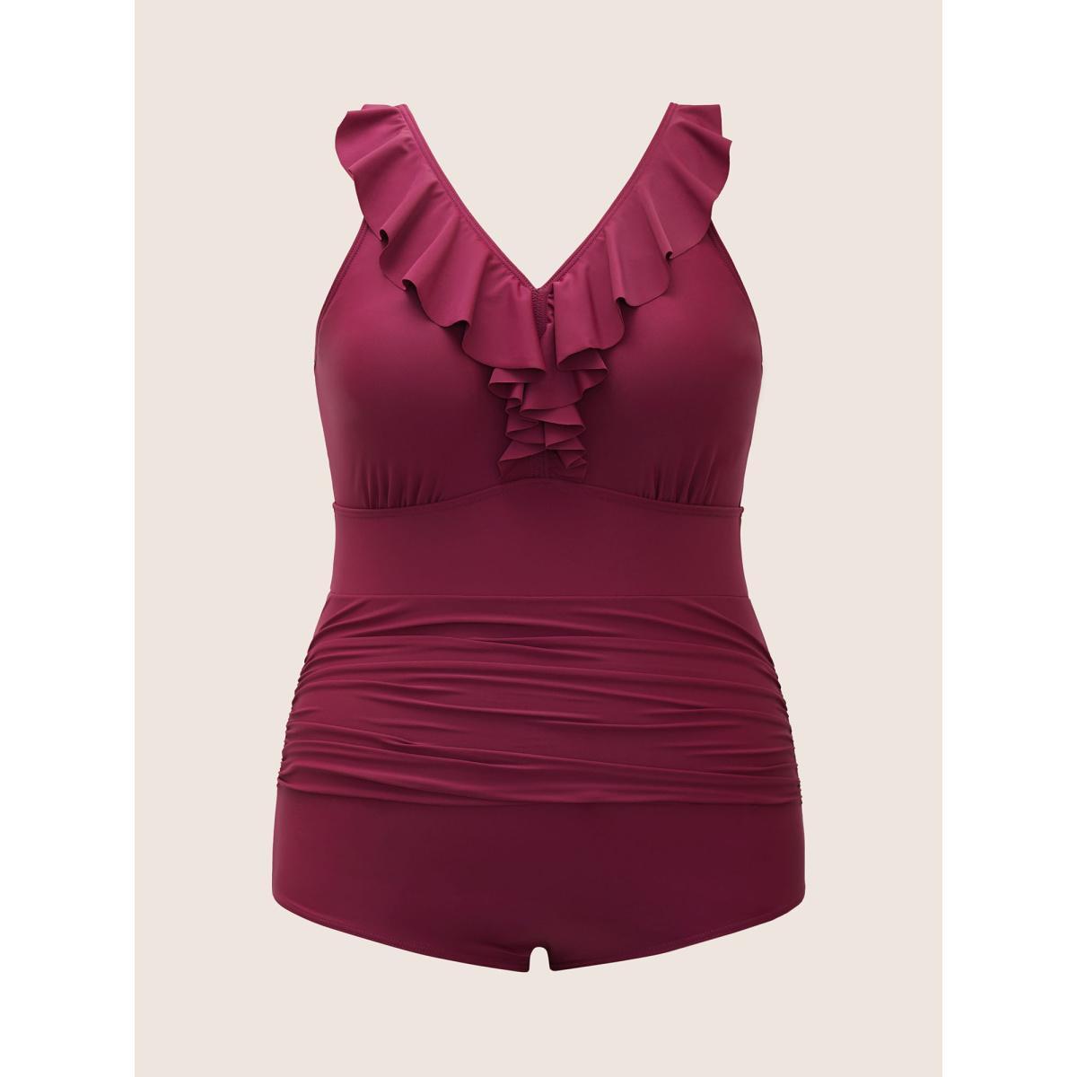 Plus Size Plain Ruffle Trim Gathered Sleeveless One Piece Swimsuit Women's Swimwear RedViolet Beach Gathered Curve Bathing Suits High stretch One Pieces BloomChic 12/L Product Image