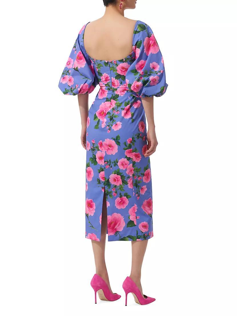 Womens Floral Stretch-Cotton Balloon-Sleeve Midi-Dress Product Image