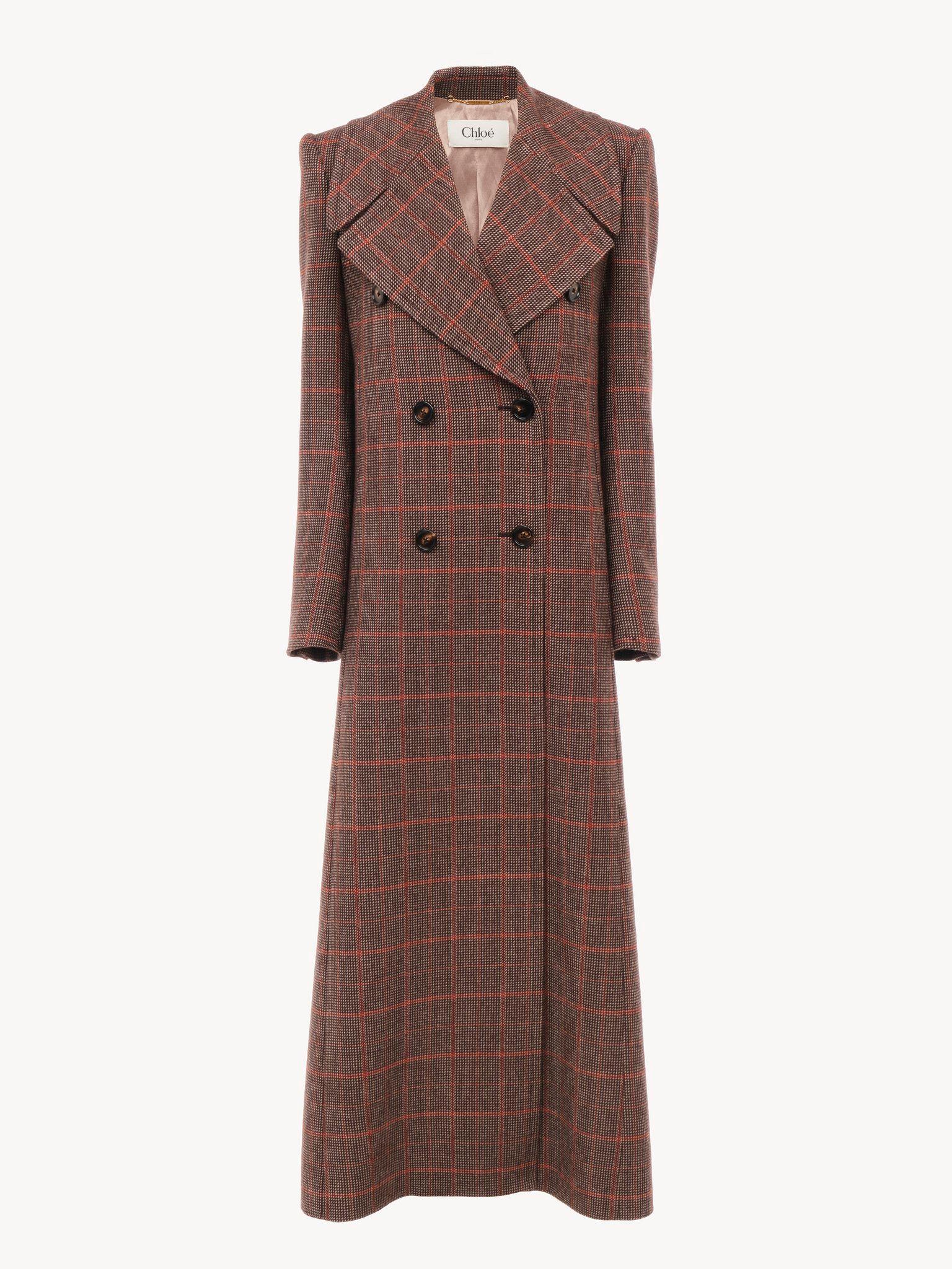 Long double-breasted coat in check wool Product Image