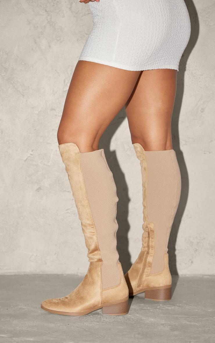 Beige Faux Suede Point Toe Low Block Heeled Knee High Boots Product Image