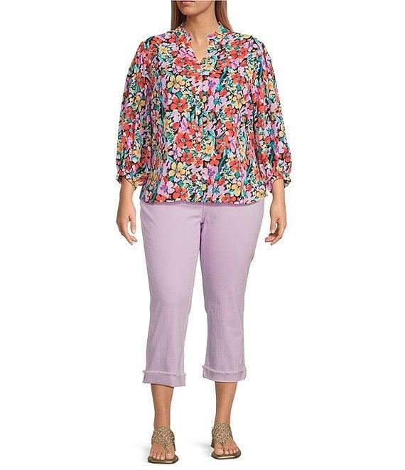 Calessa Plus Size Floral Split V-Neck 3/4 Sleeve Button Front Tunic Product Image