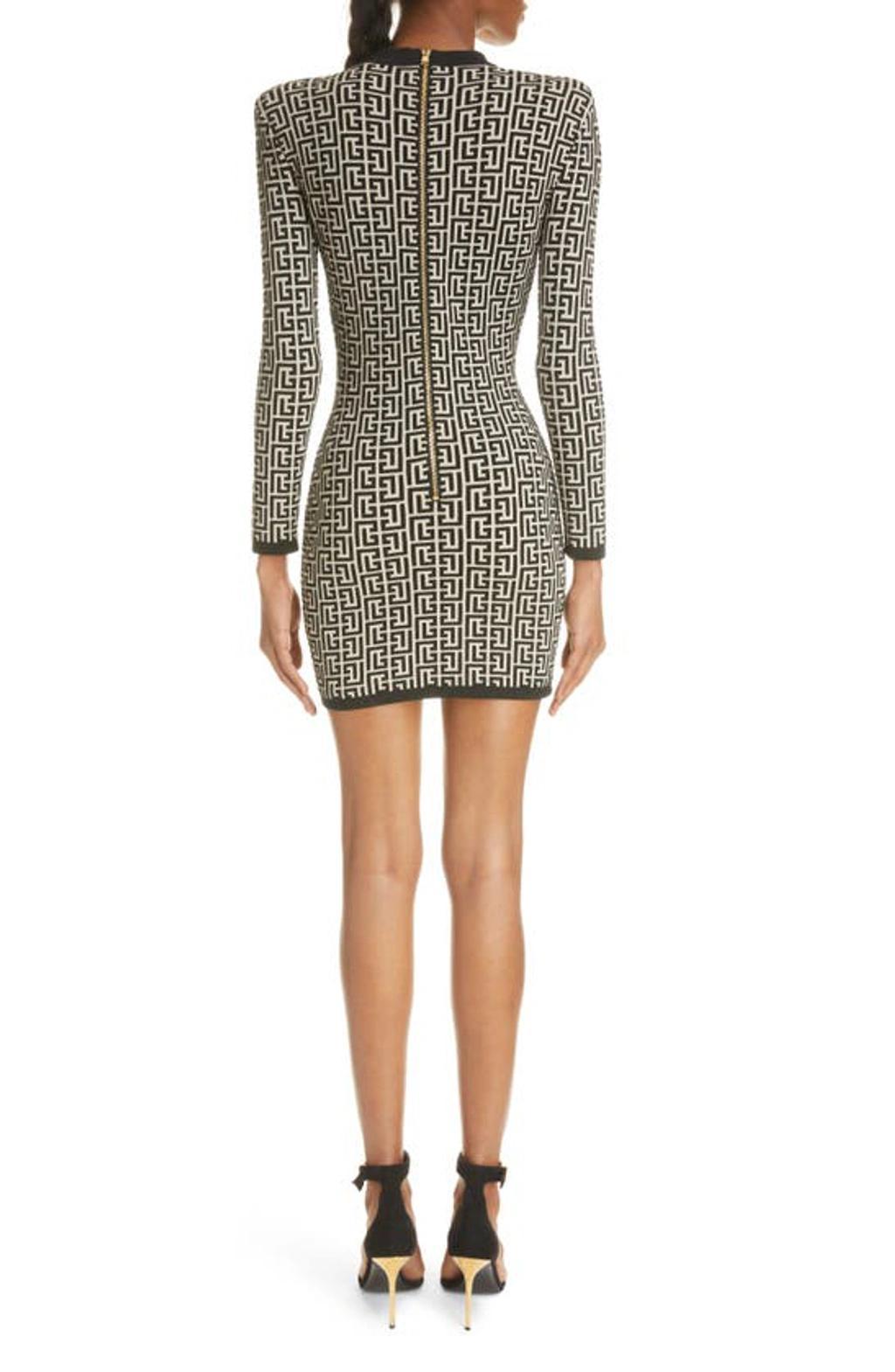 BALMAIN Monogram Wool-blend Knit Minidress In Black Product Image