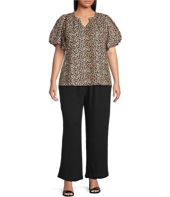 Skies Are Blue Plus Size Leopard Print Poplin Puff Sleeve Top Product Image