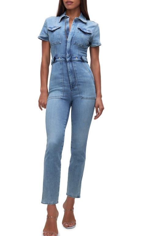 Good American Plus Size Fit For Success Short Sleeve Point Collar Straight Leg Stretch Denim Jumpsuit Product Image