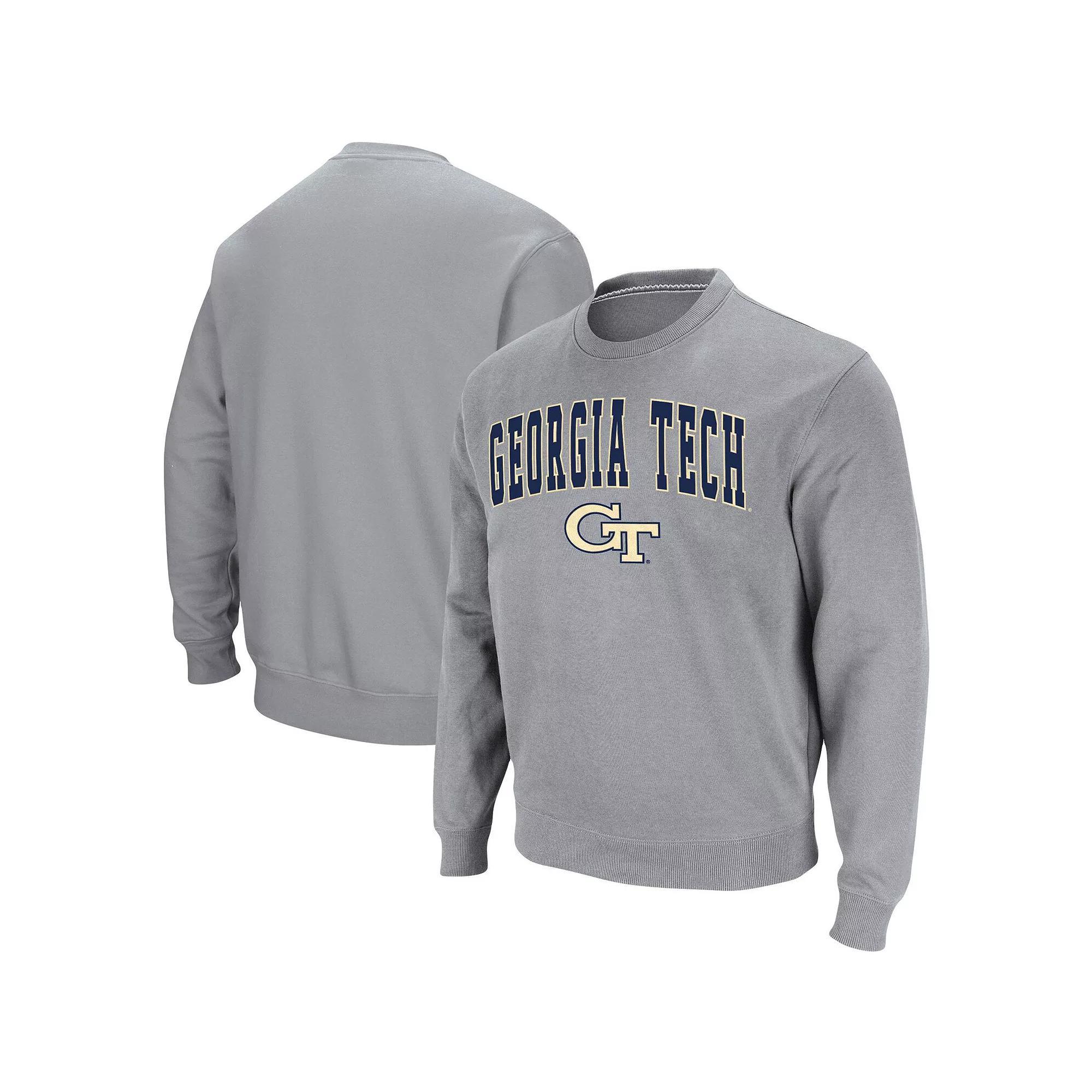 Men's Colosseum Heathered Gray Georgia Tech Yellow Jackets Arch & Logo Tackle Twill Pullover Sweatshirt,  Product Image