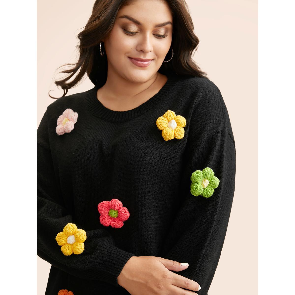 Plus Size Crochet Floral Drop Shoulder Sleeve Pullover Black Women Casual Long Sleeve Round Neck Everyday Pullovers BloomChic 18-20/2X Product Image
