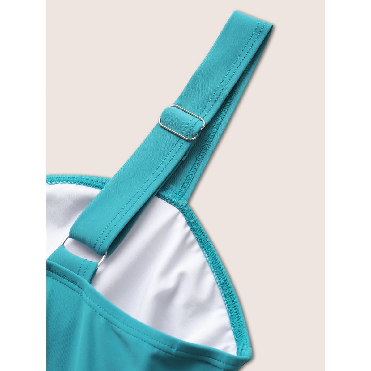 Plus Size Plain Crossover Gathered Detail Swim Dress Women's Swimwear Teal Beach Bodycon Heart neckline High stretch Curve Swim Dresses BloomChic 30/6X Product Image