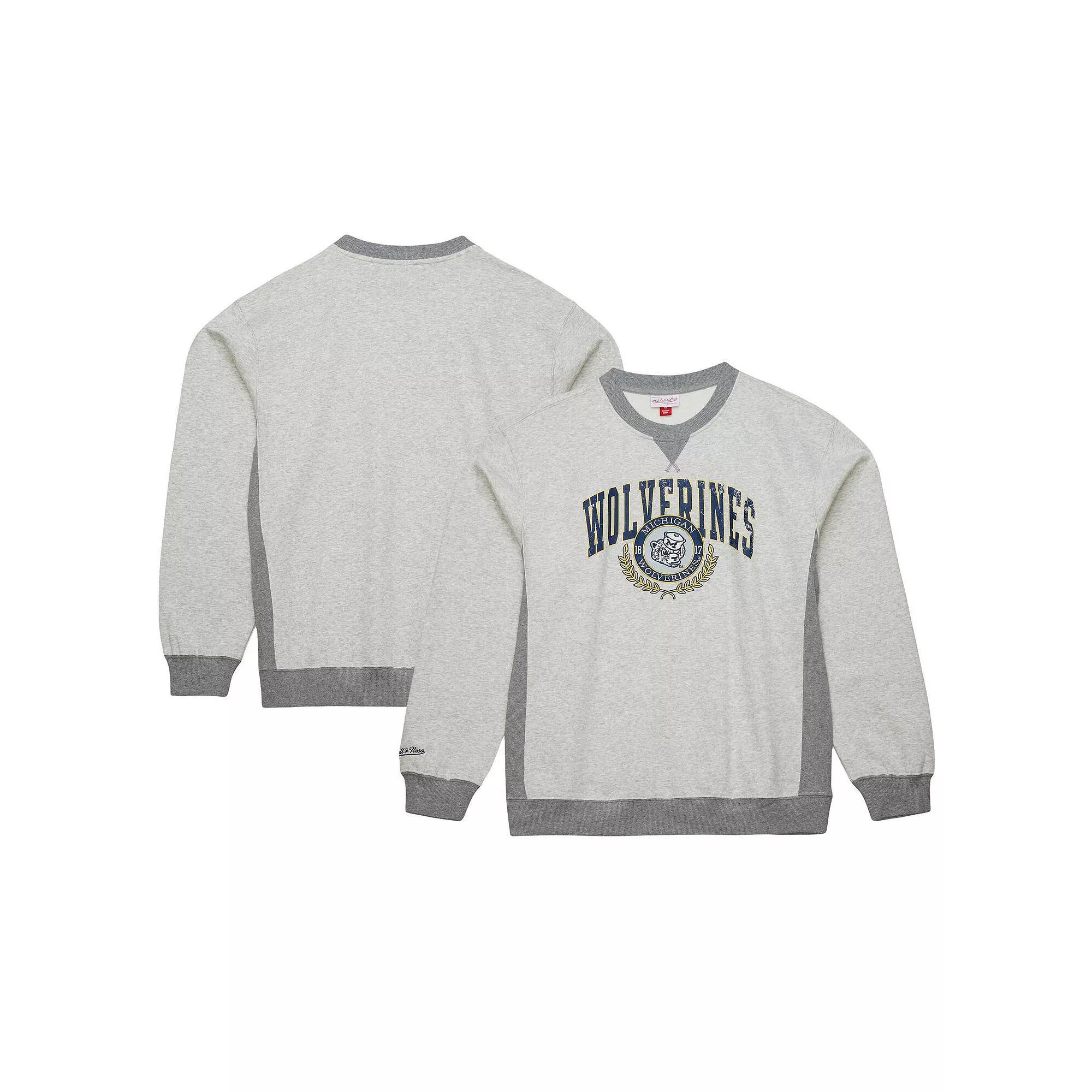 Men's Mitchell & Ness Heather Gray Michigan Wolverines Arched Fleece Crewneck Pullover Sweatshirt,  Product Image
