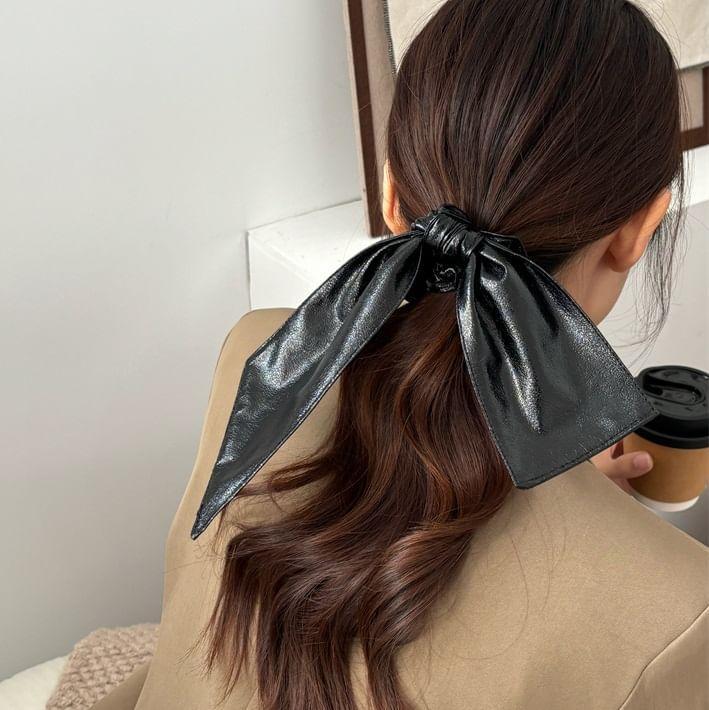 Plain Bow Faux Leather Scrunchie Product Image