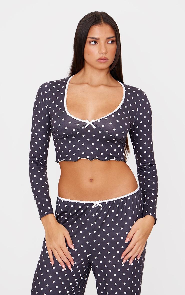 Black Polka Dot Print Long Sleeve Pj Top Product Image