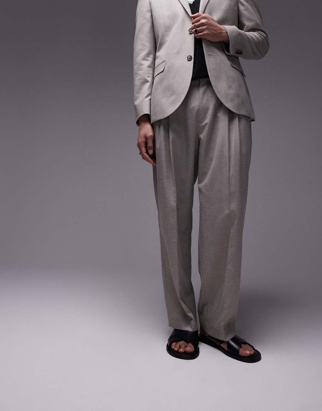 Topman wide leg linen blend suit pants in stone Product Image