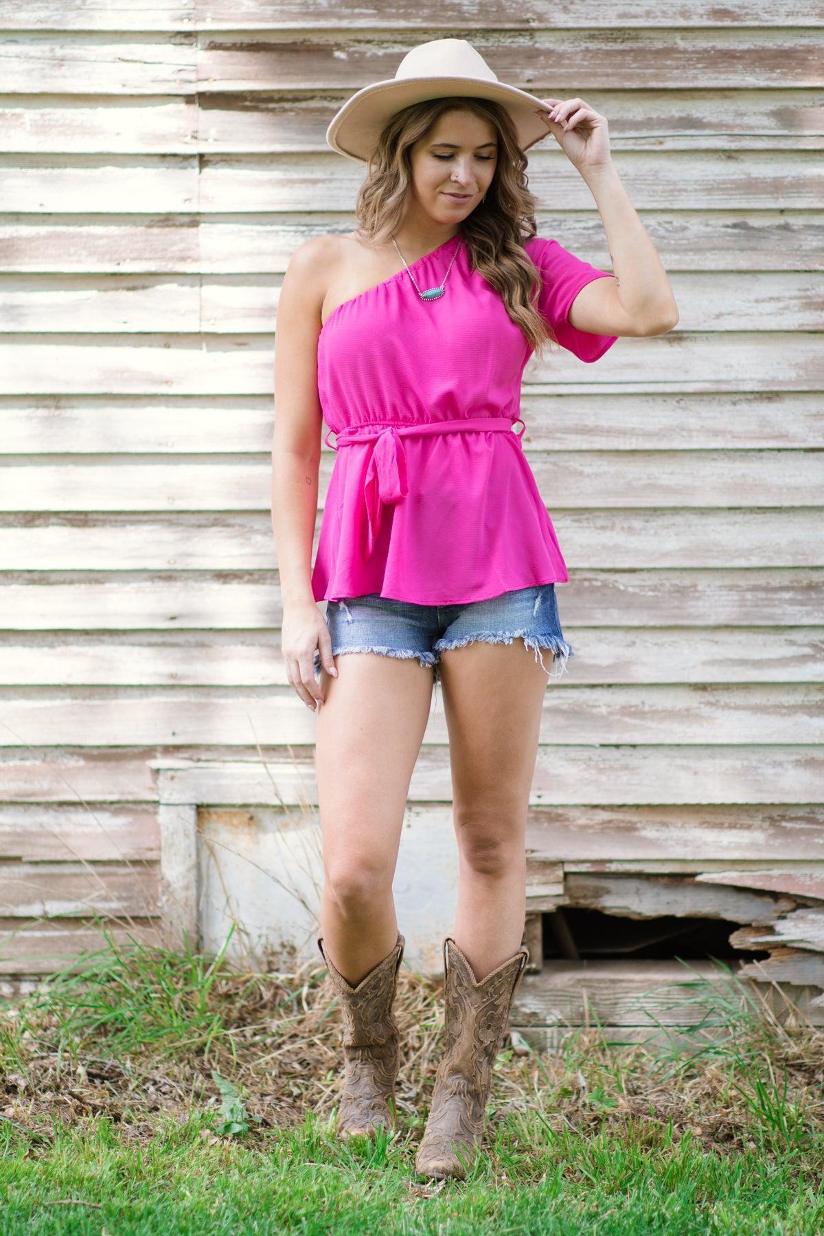 Hot Pink Elastic Waist One Shoulder Top Product Image