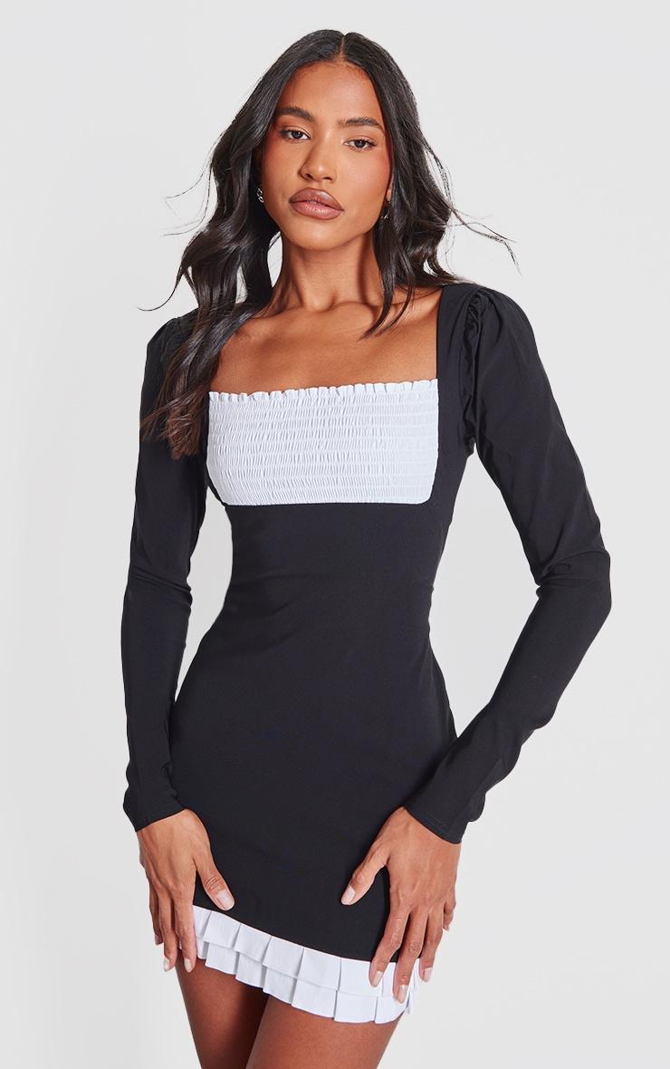 Black Contrast Shirred Detail Long Sleeve Shift Dress Product Image