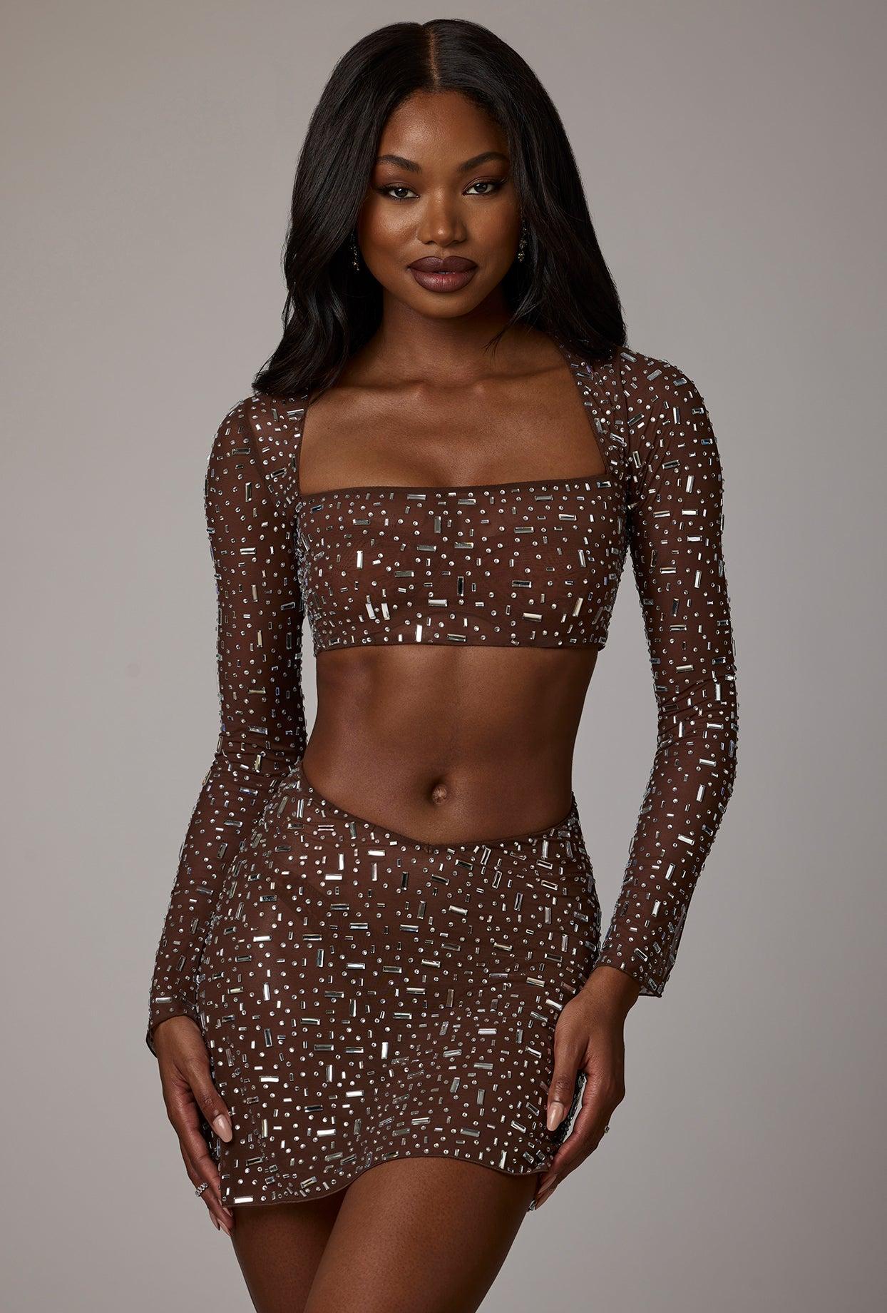 Sheer Embellished Long Sleeve Crop Top in Deep Cocoa Product Image