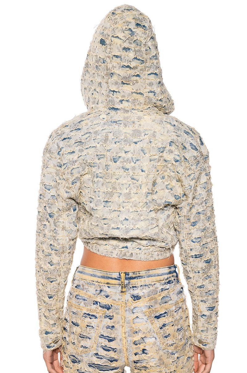 SECRET WEAPON DISTRESSED DENIM HOODED TOP Product Image