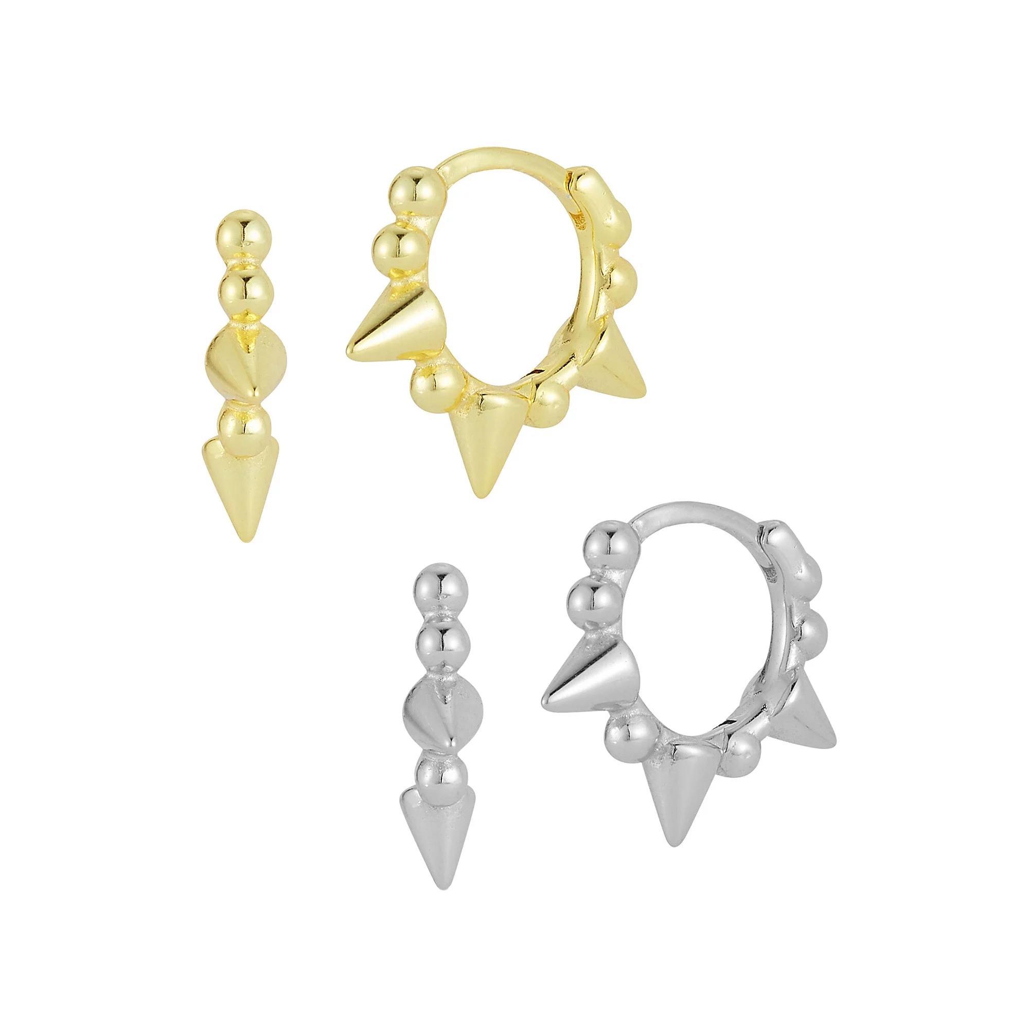 Sunkissed Sterling Two Tone Sterling Silver Spike Huggie Earring Duo Set, Women's Product Image