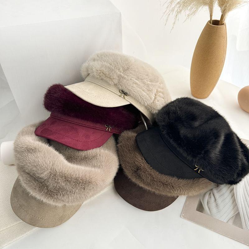 Bow Accent Fluffy Newsboy Cap Product Image