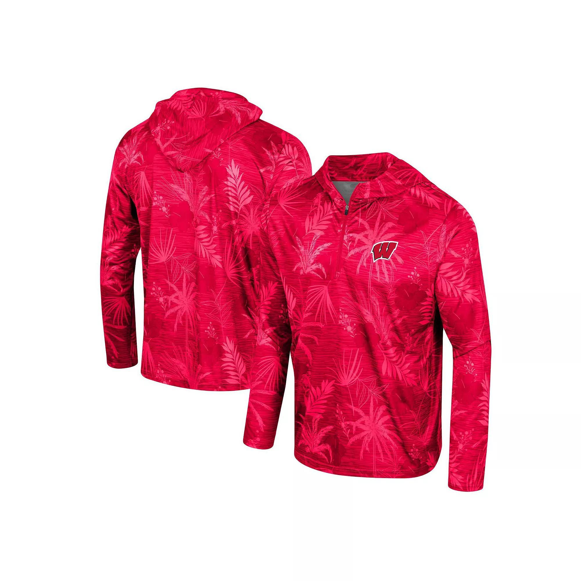 Men's Colosseum Scarlet Ohio State Buckeyes Palms Printed Lightweight Quarter-Zip Hooded Top,  Product Image