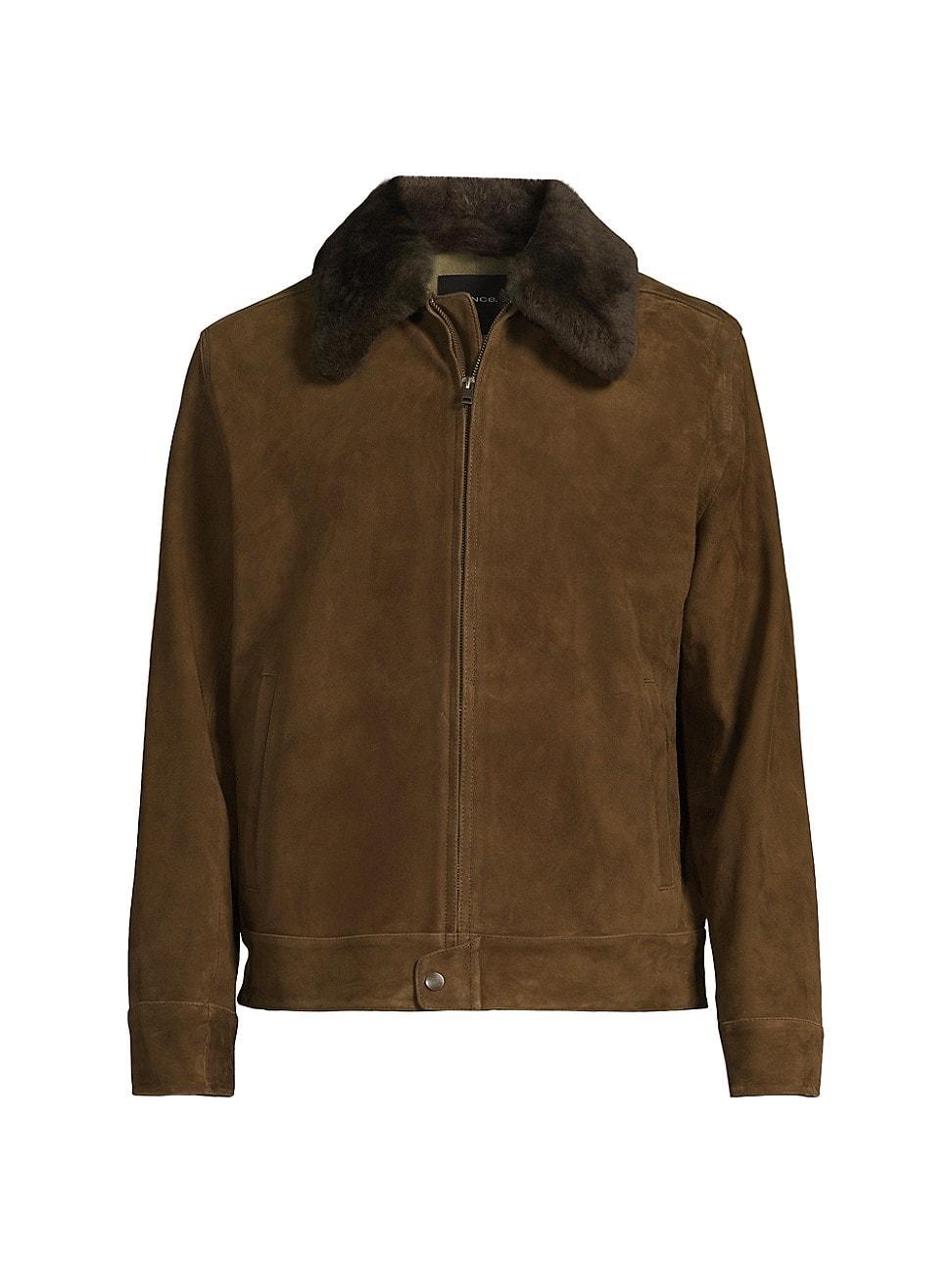 Mens Shearling-Collar Suede Short Jacket, Dark Timberwood, Size M Vince Product Image