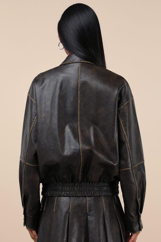 Coolest Era Dark Brown Oversized Vegan Leather Bomber Jacket Product Image