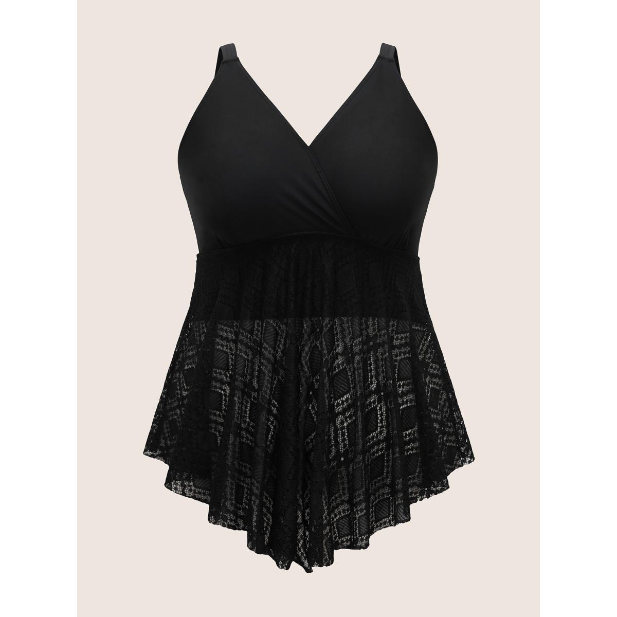 Plus Size V Neck Crochet Lace Mesh Swim Top Women's Swimwear Black Beach Texture High stretch Bodycon Overlap Collar Curve Swim Tops BloomChic 18-20/2X Product Image