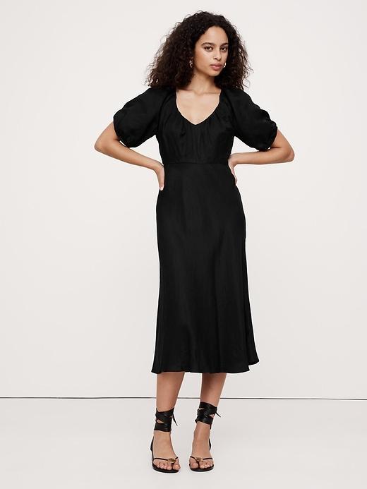 Viscose-Linen Ruched Midi Dress Product Image