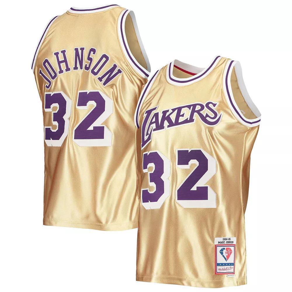 Men's Mitchell & Ness Magic Johnson Gold Los Angeles Lakers 75th Anniversary 1984/85 Hardwood Classics Swingman Jersey, Size: Small Product Image