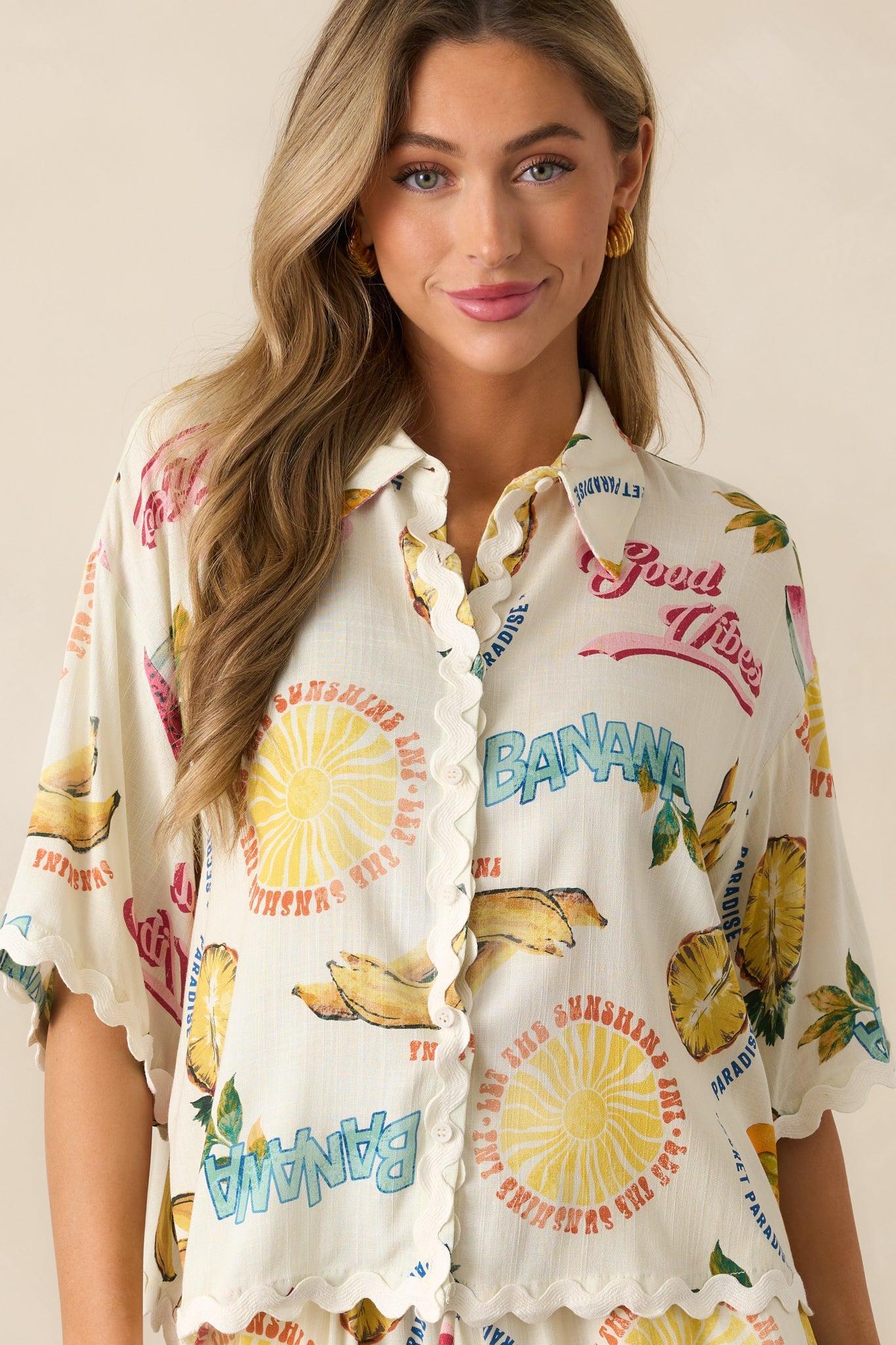 Island Time Ivory Tropical Fruit Print Button Front Top Product Image