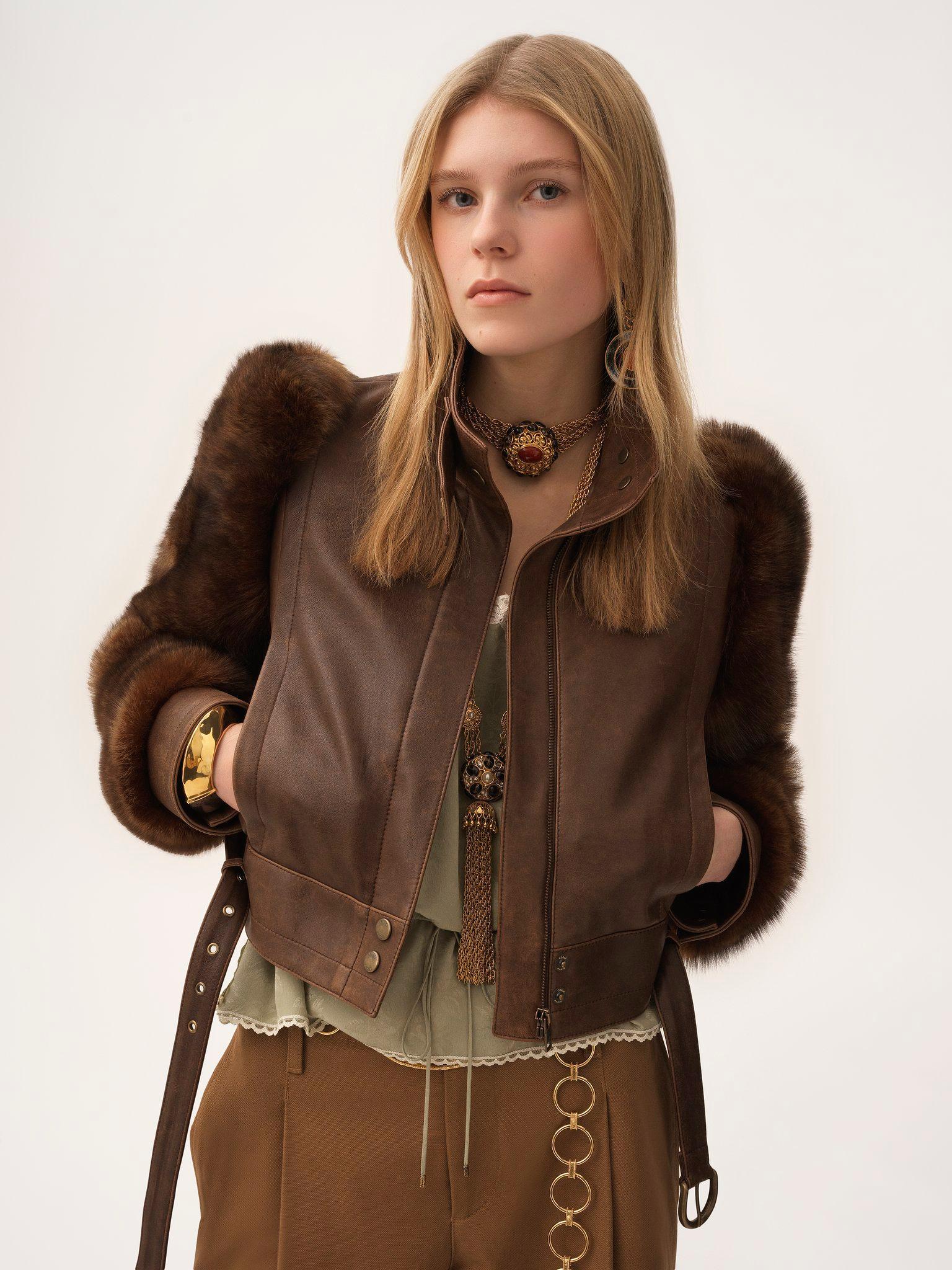 High-neck short jacket in leather Product Image