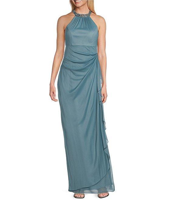 Alex Evenings Petite Size Sleeveless Beaded Halter Neck Cascade Ruffle Gown Product Image