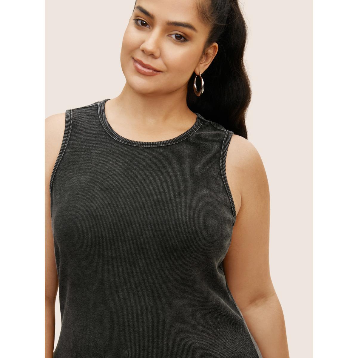 Plus Size Vintage Round Neck Pit Strip Tank Top Women Black Casual Texture Round Neck Everyday Tank Tops Camis BloomChic 30/6X Product Image