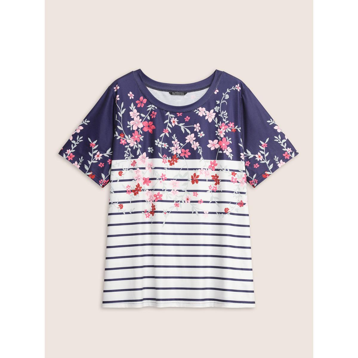 Plus Size Striped Contrast Boho Print Crew Neck T-shirt Indigo Women Casual Round Neck Everyday T-shirts BloomChic 18-20/2X Product Image