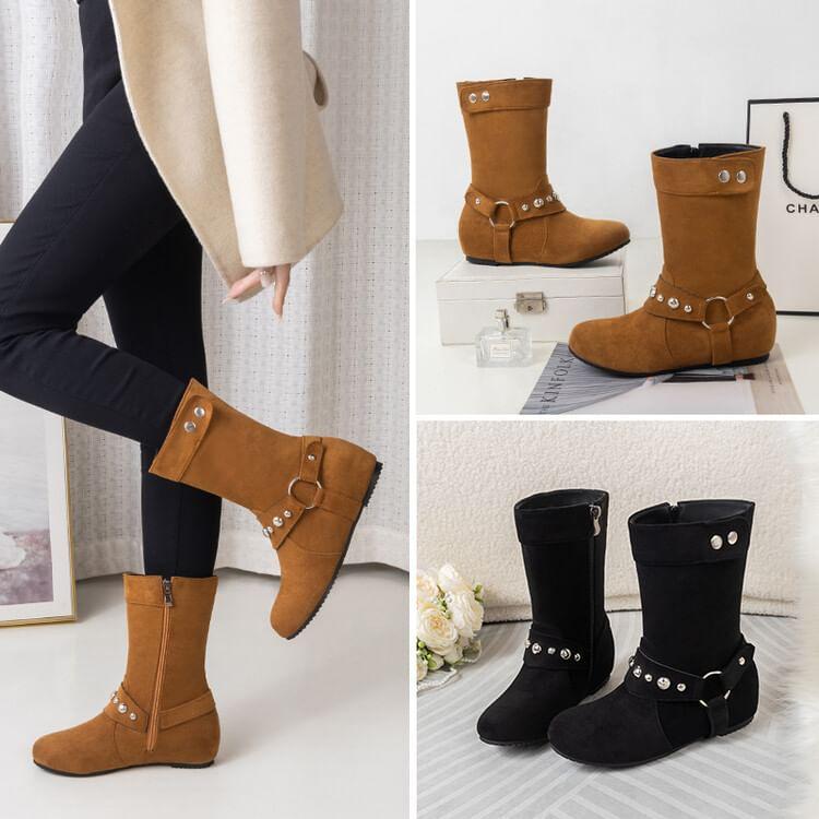 Hidden Wedge Plain Studded Zip-Up Short Boots Product Image