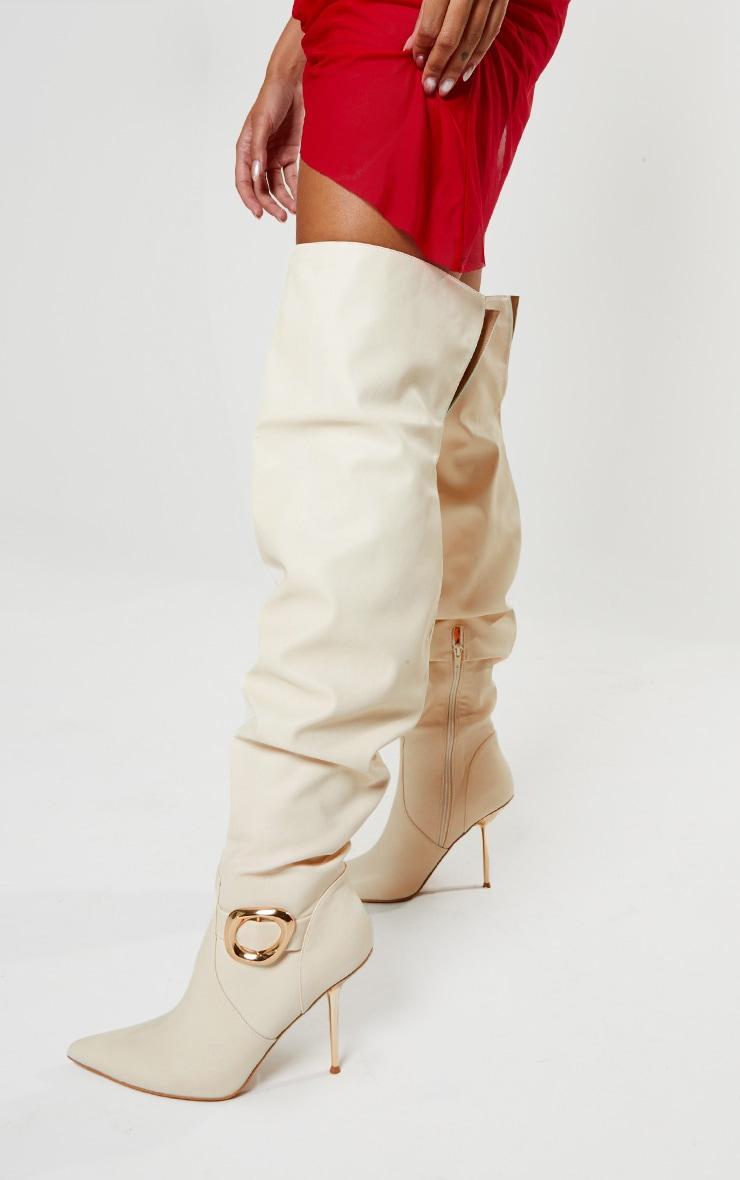 Cream PU Gold Buckle Point Toe High Stiletto Over The Knee Boots Product Image