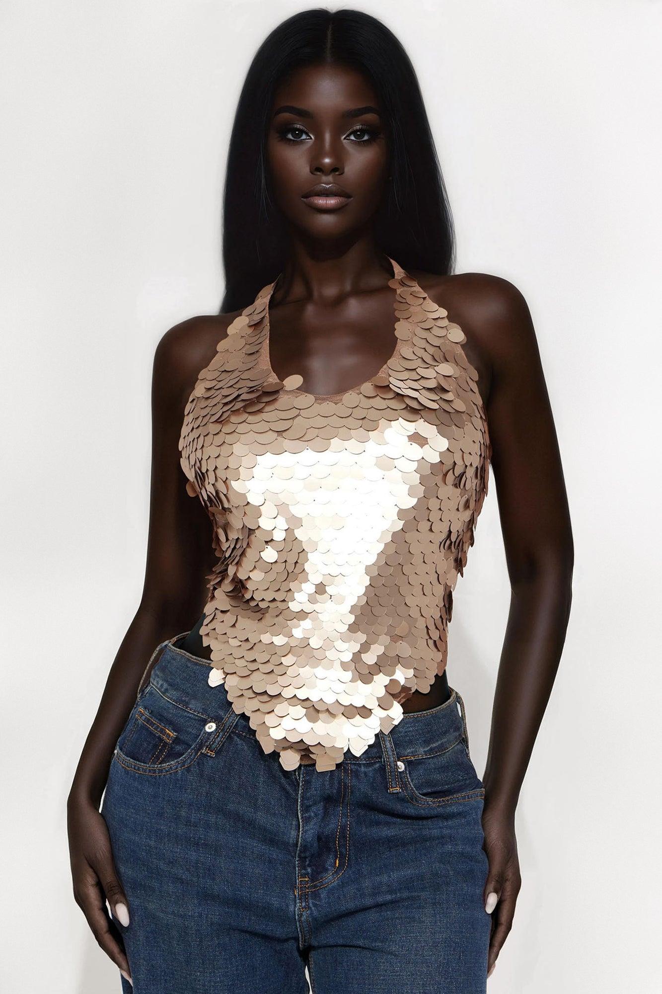 So Dreamy Sequin Halter Top - Brown Female Product Image