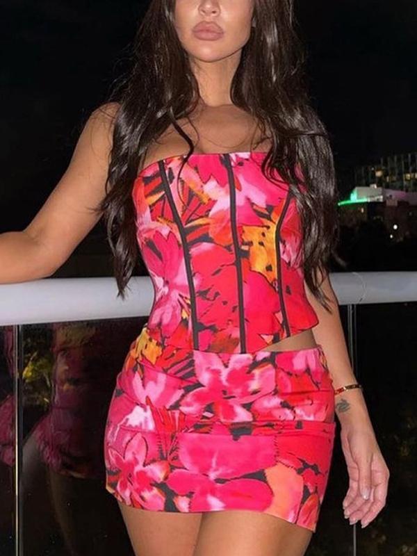 Floral Print Bandeau Top & Slim Mini Skirt Set Product Image